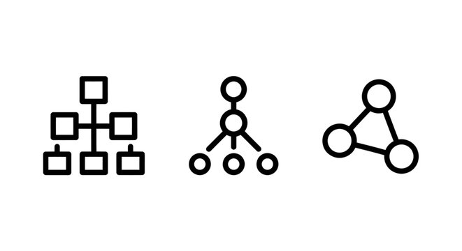 Set of three network structure diagram icons showing hierarchy and connection with structure hierarchy connection flowchart organization management business illustration planning strategy