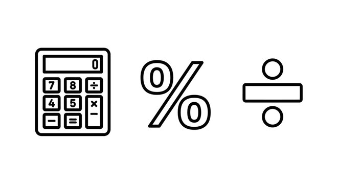 Set of black outline mathematics and calculation icons with calculator percentage division arithmetic calculation equation monochrome minimalist iconography collection isolated background