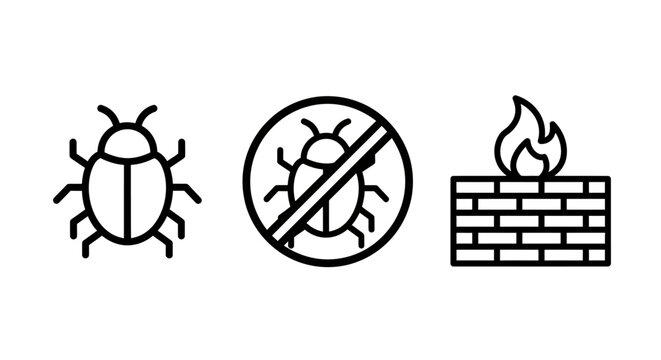 Set of software bug and firewall security icons with firewall security protection internet computer development application isolated pictogram software technology