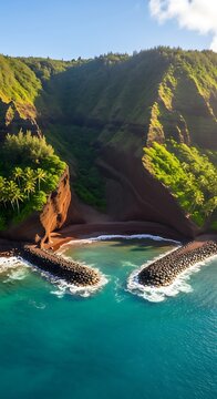 Scenic Coastal Landscape with Green Cliffs and Blue Ocean Water.
