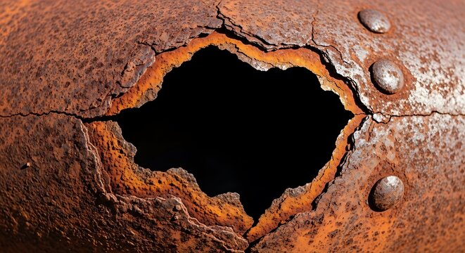 Close-up of Rusted Metal with Large Hole and Water Droplets.