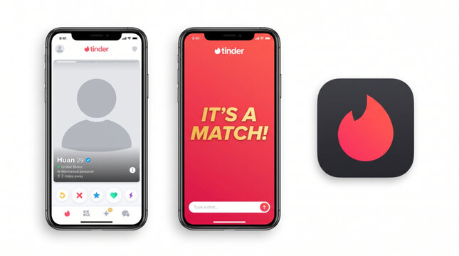 Tinder mockup dating app template with Tinder mobile screen profile view, It's a Match screen layout, chat interface, and Tinder app icon for matchmaking. Social network UI kit for swiping app.