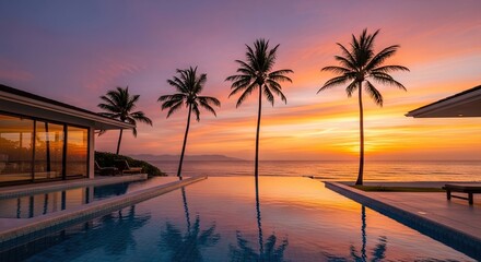 Obraz premium Luxury infinity pool with palm trees at sunset.