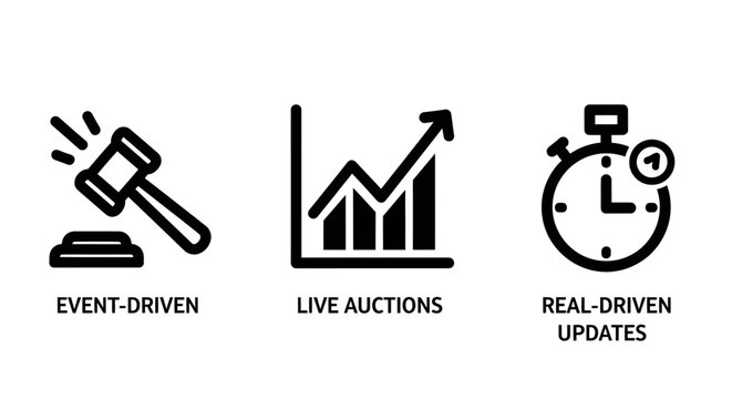 Icon set featuring event driven live auction and time sensitive updates business management investment deadline transaction operational commerce strategy analysis performance auctioneer