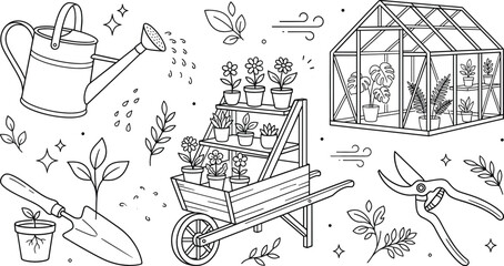 Gardening and greenhouse icon set with watering can wheelbarrow plant stand trowel shovel and pruner shears outline vector © vector design 