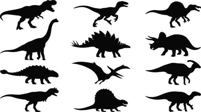 Dinosaur Silhouette Collection Featuring Tyrannosaurus, Triceratops, Stegosaurus, Brachiosaurus, Pterodactyl and Prehistoric Reptile Shapes