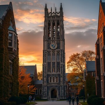 Historic Gothic Church Tower at Sunset with Surrounding Buildings.