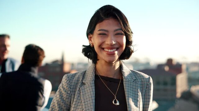Face, property and smile with business woman on rooftop in city for real estate or urban development. About us, portrait and project management with happy broker outdoor for commercial building