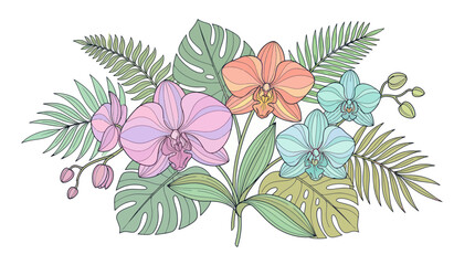 Colorful flowers and tropical leaves arrangement. © Hilda