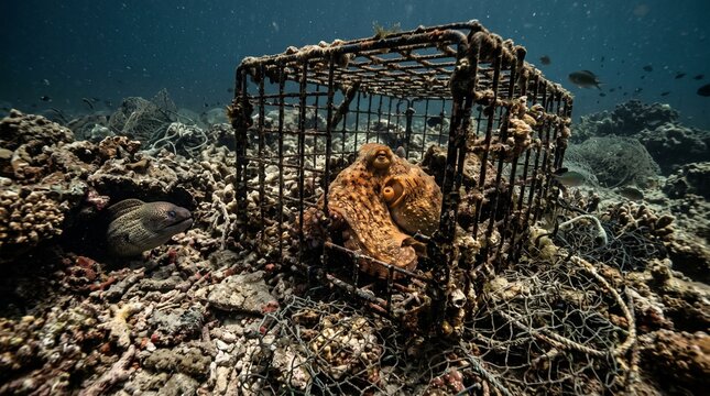 Octopus trapped in underwater cage on coral reef