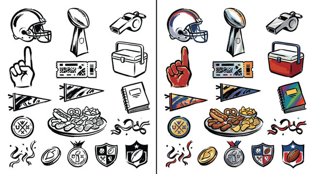 Collection of American Football Game Day Icons and Symbols in Both Color and Outline Styles.