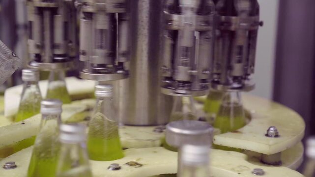 Industrial automated juice bottling and capping process in plant