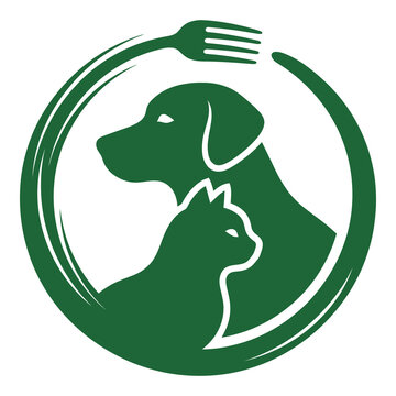 Green logo of dog and cat with fork in circle icon