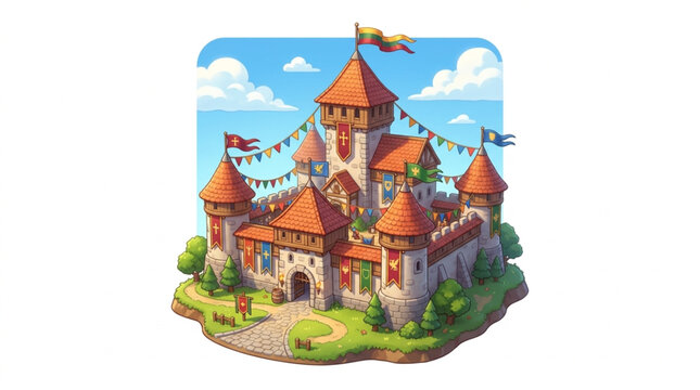 Fantasy Medieval Castle Fortress With Flags and Banners.