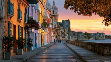 Fototapeta premium Golden Hour Over the Ramparts: Sunset Radiance Across the Historic Walled City of Cartagena