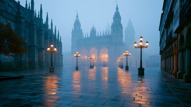 Ethereal Blue Hour: Santiago de Compostela Cathedral Shrouded in Morning Mist