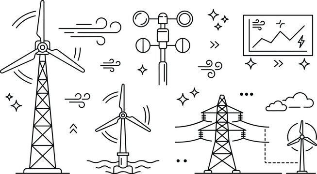 Wind energy renewable power icon set with turbine windmill anemometer electricity pylon grid and data chart line art
