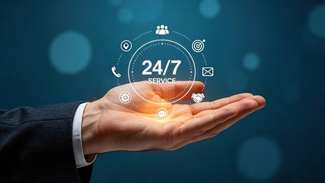 Hand holding holographic 24/7 service icon, customer support and business availability concept with communication symbols