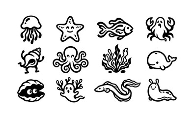 Obraz premium Cute Hand-Drawn Sea Life Icon Set Featuring Adorable Aquatic Animals and Ocean Plants in Black and White Doodle Style