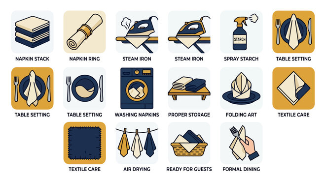 Table napkin care and dinner table setting flat line icon set