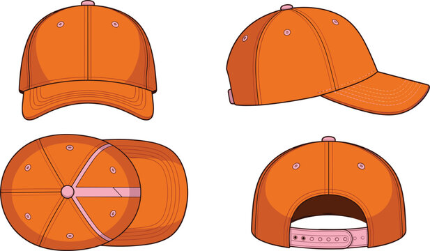 Baseball Cap Mockup Collection Featuring Adjustable Snapback Hat in Front, Side, Top and Back Views for Apparel Design Templates