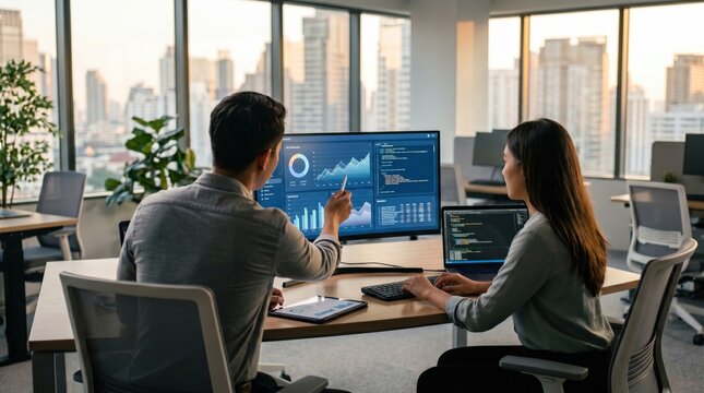 Software developers working on analytics dashboard in modern office, man and woman coding and reviewing data visualization graphs on large monitor with city skyline background view