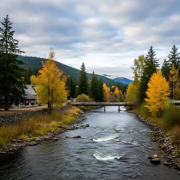 Scenic Autumn Landscape with River and Forested Mountains.