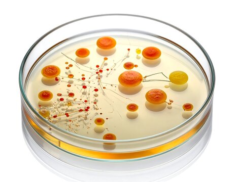 A petri dish containing various colored colonies of bacteria on agar gel