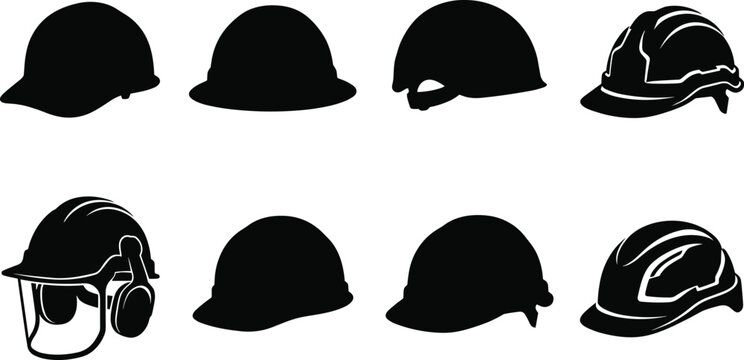 Construction Safety Helmet Silhouette Set with Hard Hat Icons for Industrial Protection Design