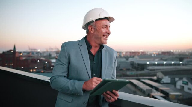 Construction, tablet and thinking with architect on rooftop for city expansion or real estate. App, hardhat and vision with mature man outdoor for planning, project management or urban development