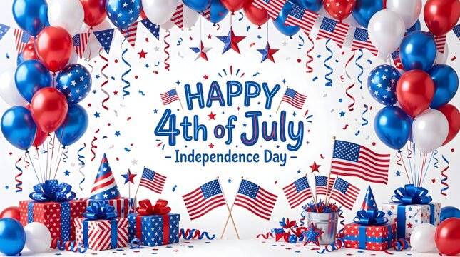 Happy 4th of July independence day USA celebration with patriotic balloons and gifts