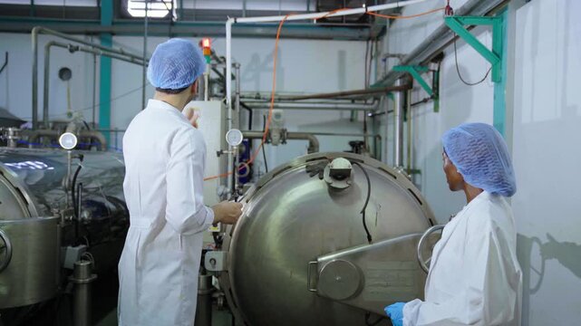 Food industry engineers examining large sterilization tank equipment in plant