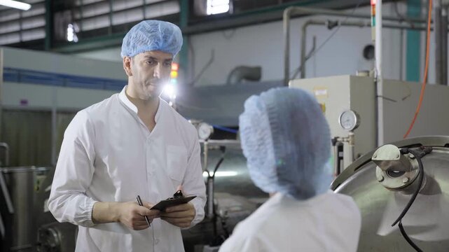 Food industry engineers examining large sterilization tank equipment in plant