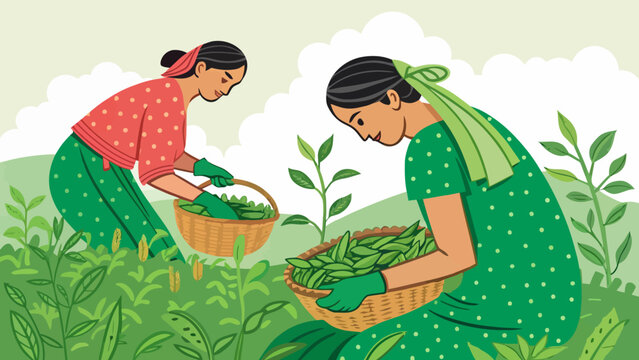 Two women picking fresh green leaves from bushes in a farm illustration with agriculture plantation cultivation countryside industry collecting gathering sustainability tradition illustration