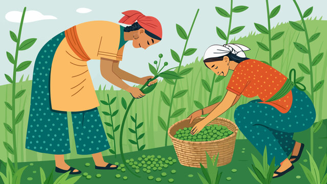 Women harvesting green coffee beans in a field flat illustration with agriculture plantation production cultivation collecting countryside industry landscape beverage gathering sustainabilit
