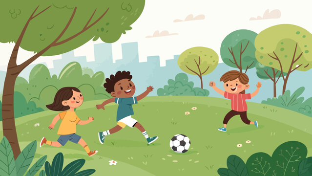 Happy multiethnic children playing soccer together in a park illustration with children football childhood together multiethnic activity exercise recreation friendship lifestyle competition