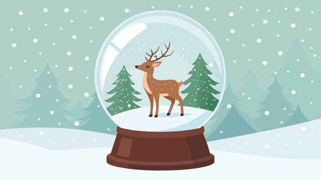 Cartoon christmas snow globe with reindeer and snowy forest background snowglobe reindeer christmas seasonal decoration illustration background celebration whimsical greeting character