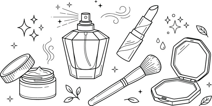 Beauty and makeup cosmetics icon set with perfume spray bottle lipstick cream jar brush and compact mirror outline
