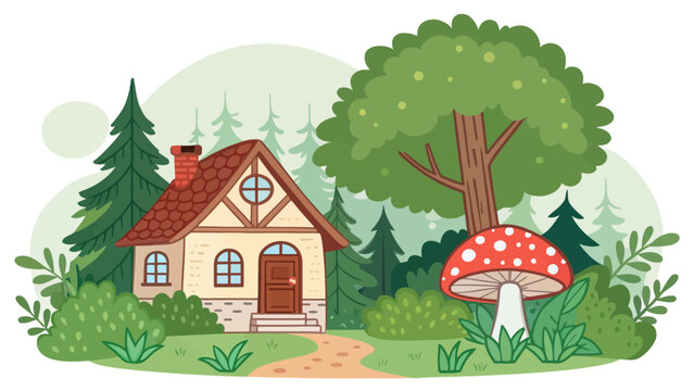 Charming fairy tale cottage surrounded by pine trees and large red mushroom with mushrooms fairytale landscape woodland illustration building architecture folklore greenery charming peaceful