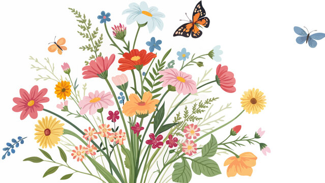 Watercolor wildflower bouquet illustration with flying monarch butterflies wildflowers watercolor botanical painting blooming illustration colorful artistic springtime butterfly