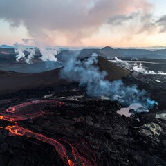 Fototapeta premium Volcanic eruption with glowing lava flow and smoke plumes.