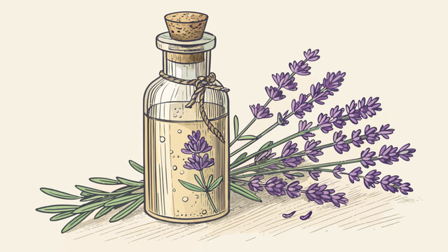 Glass bottle of essential lavender oil with sprigs of dried purple flowers lavender essential aromatherapy botanical wellness fragrance isolated illustration treatment therapeutic relaxing