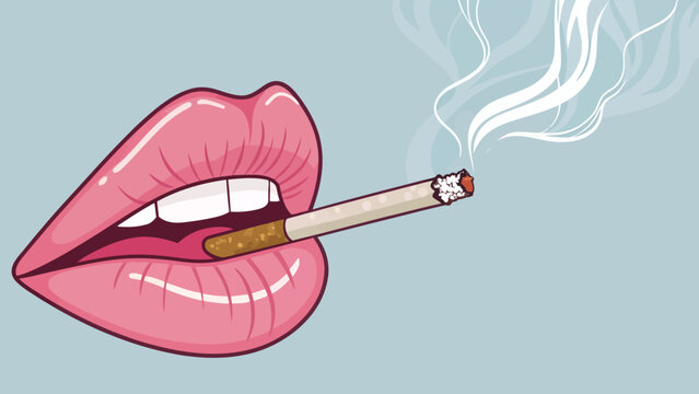 Illustration of red lips holding a smoking cigarette with cigarette addiction illustration lifestyle nicotine isolated lipstick cosmetic unhealthy