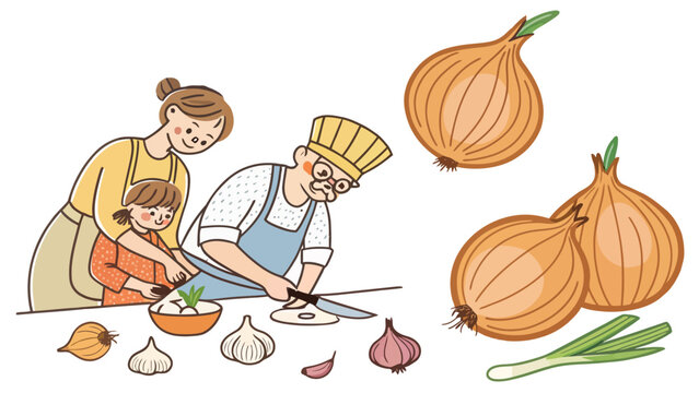 Family cooking in kitchen preparing onions and garlic together for healthy home meal with preparation vegetable lifestyle nutrition culinary ingredient teaching domestic daughter chopping