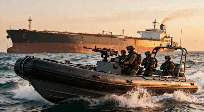 Armed military soldiers in an inflatable boat next to an oil tanker in the Strait of Hormuz. Created using artificial intelligence