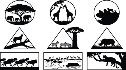 African Safari Geometric Silhouette Icon Set Featuring Wildlife Animals Elephants Giraffes Lions and Zebras for Nature Travel Branding and Logo Graphic Designs © Shahanaj