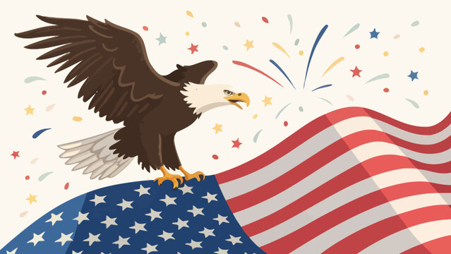 Bald eagle perched on american flag background with american independence patriotic wildlife celebration fireworks patriotism majestic background sovereign illustration democracy national