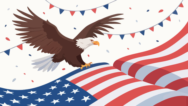 Bald eagle soaring above american flag with buntings american patriotic independence wildlife patriotism celebration majestic sovereign democracy illustration national aviation