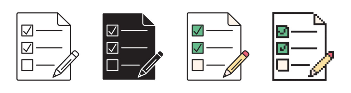 Exam sheet with check mark and pencil icon set. Line, solid, color filled and pixel art test form, survey document vector illustration.