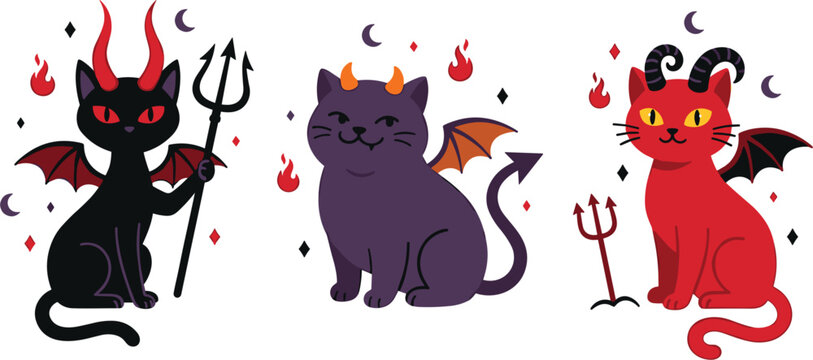 Cute Halloween Devil Cat Illustration Set with Spooky Demon Horns, Bat Wings, Pitchforks, and Flames for Festive Graphic Designs and Party Decor